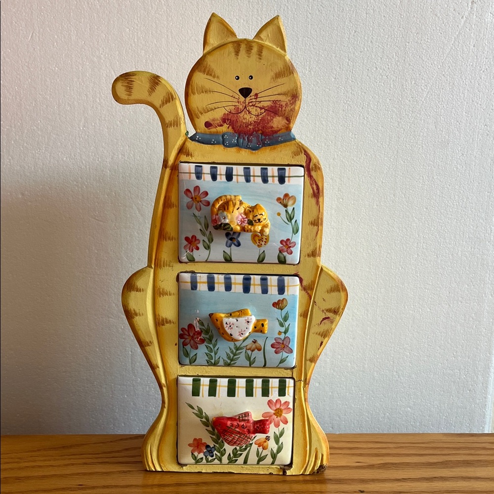 Whimsical Cat Wood & Ceramic Drawer Set